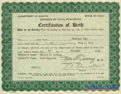 Realistic United States Iowa division of Vital Statistics birth certificate real example